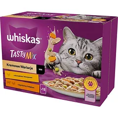 WHISKAS Tasty Mix Kreminiai variantai su vištiena, ėriena ir kalakutiena padaže 12x85g