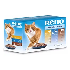 RENO cat MIX Chicken, Fish, Liver konservai katėms maišeliuose 100 g (12 pak.)