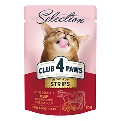 CLUB 4 PAWS Premium plus juostelės suaugusioms katėms su jautiena brokolių kreminėje sriuboje 12x85 gr