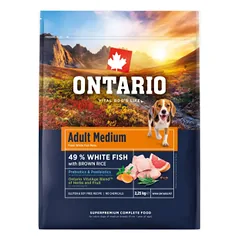 Šunų ėdalas – Ontario suaugusių vidutinio dydžio šunų, su žuvimi ir rudaisiais ryžiais, 2,25 kg