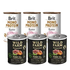 BRIT MONO PROTEIN RABBIT 3x400g + Wild Farm Monoprotein Pork 3x400g hipoalerginis maistas šunims