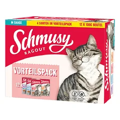 SCHMUSY RAGOUT Adult in Sauce Multibox 12x100g drėgnas kačių maistas su vištiena, jautiena, lašiša, antiena nuotrauka