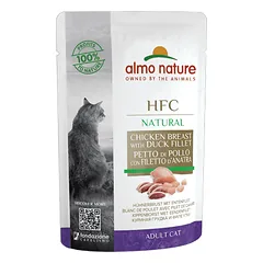 Almo Nature HFC Natural Vištienos krūtinėlės ir ančiukų filė konservai suaugusioms katėms, 55 g