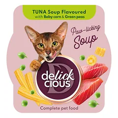 DELICKCIOUS konservuotas pašaras suaugusioms katėms - tuno sriuba su kukurūzais, 80 g