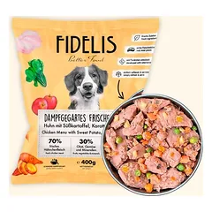 FIDELIS šaldytas BARF maistas šunims su vištiena, batatais, morkomis ir obuoliais (400 g)