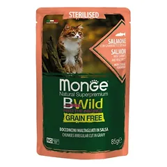 Monge BWild konservai sterilizuotoms katėms su lašiša, krevetėmis ir daržovėmis 12x85g