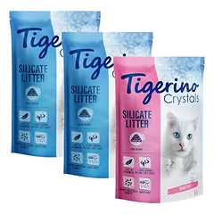Tigerino Crystals kraikas katėms, bandomieji rinkiniai, 3 x 5 l (įvairių spalvų kačių kraikas - jautriems, be kvapiųjų: 2 rožiniai, 1 mėlynas) — 3 nuotrauka