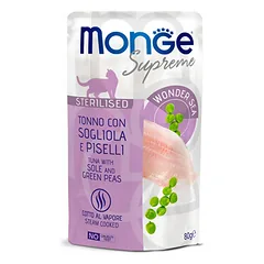 Monge Supreme Adult Sterilised Tuna with Sole and Peas konservai katėms drebučiuose