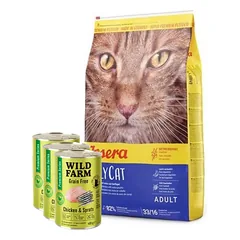 JOSERA Daily Cat 10kg begrūdis maistas + WILD FARM Premium Grain Free Chicken and Sprats 3x400g - maistas katėms be grūdų