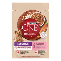 PURINA ONE Sensitive Mini/Small Suaugusių šunų ėdalas su lašiša, ryžiais ir morkomis padaže, 85 g nuotrauka