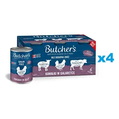 BUTCHER'S Original Recipe in jelly Mix Skoniai su kepenimis arba inkstais 24x400 g Želė jautienos, ėrienos ir vištienos gabalėliai šunims