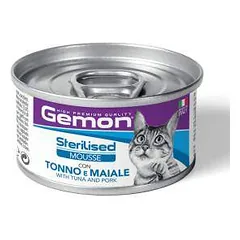 Gemon Wet Cat Mousse Adult drėgnas maistas sterilizuotoms katėms su tunu ir kiauliena, 85 g
