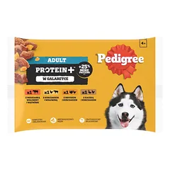 PEDIGREE Adult Protein+ 4x85 g visavertis drėgnas ėdalas suaugusiems šunims su jautienos ir kepenų, vištienos ir jautienos, kalakutienos ir vištienos, anties ir vištienos mišiniu drebučiuose.