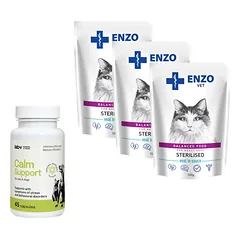 ENZO VET Sterilizuota su veršiena padaže 3x100g + LAB-V Calm Support - streso ir elgesio sutrikimų simptomų palaikymas 45 kapsulės