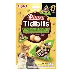 INABA Cat Churu Tidbits Chicken Recipe with Dashi Flavor 8x12g minkšti ir kreminiai skanėstai su vištienos ir dashi sultinio skonio katėms