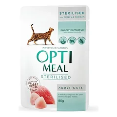 OPTIMEAL™. Visavertis konservuotas ėdalas sterilizuotoms katėms ir kastruotiems katinams su kalakutiena ir vištienos filė padaže 85g.x12vnt.