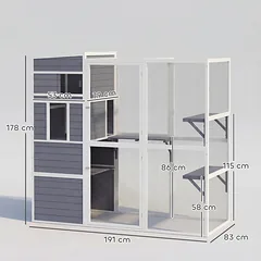 Lauko voljeras katėms 191x83x178 cm, medinis, su nameliu, 3 platformomis ir stogu, 3–4 katėms iki 10 kg, pilkas — 3 nuotrauka