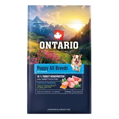Šuniukų maistas – Ontario šuniukams ir jauniesiems visų veislių šunims, monoproteinas, kalakutiena ir saldžiosios bulvės, 0,75 kg