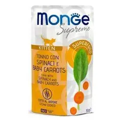 Monge Supreme Cat Wet Pouches drėgnas maistas kačiukams su tunu, špinatais ir morkytėmis, 80 g