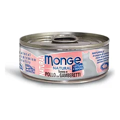 MONGE Natural konservuotas papildas su tunu, vištiena ir krevetėmis suaugusioms katėms, 80 g parduotuvėje vetprekes.lt