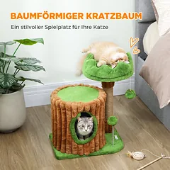 Kačių draskyklė su slėptuve, medžio kamieno dizaino, ruda ir žalia, 53 cm — 4 nuotrauka