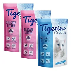 Tigerino Crystals kraikas katėms, bandomieji rinkiniai, 3 x 5 l (įvairių spalvų kačių kraikas - jautriems, be kvapiųjų: 2 rožiniai, 1 mėlynas) — 4 nuotrauka