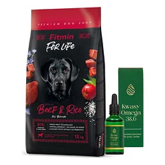 FITMIN For Life Beef & Rice 12kg + LAB-V Omega 3 ir 6 riebalų rūgštys bendrai šunų ir kačių sveikatos, kailio ir odos būklei gerinti 100ml
