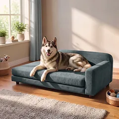 Sofa-guolis dideliems šunims iki 35 kg, su atlošu ir išimama 6 cm pagalve, 101x66x34,5 cm, pilka — 2 nuotrauka