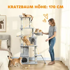 Kačių draskyklė, 170 cm, su tuneliu, nameliais, plačiu pagrindu ir sizalio stulpais, šviesiai pilka — 4 nuotrauka