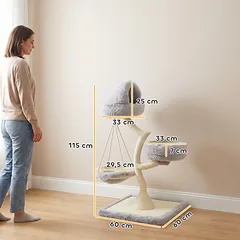 Draskyklė medžio formos, 115 cm, su 2 skalbiamais guoliais, hamaku ir sizalio stulpu, katei iki 6 kg, šviesiai pilka — 3 nuotrauka