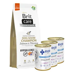 BRIT CARE Dog Hypoallergenic Dog Show Champion Lašiša ir silkė 12kg + ENZO VET Hipoalerginė dieta su triušiena šunims 3x400g