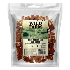 WILD FARM minkšti triušienos ir menkės gabaliukai, 500 g – skanėstas šunims
