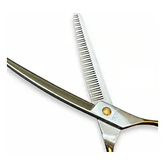 TAURO Perfection by Janita J. Plungė lenktos filiravimo žirklės dešiniarankiams, 34 dantukai, nerūdijančio plieno, 18 cm, lenktos, filiravimo (chunker), 34 dantukai, VG10 nerūdijančiojo plieno, 3D CNC šlifavimo technologija 18 cm (7''), aukso spalvos — 3 nuotrauka