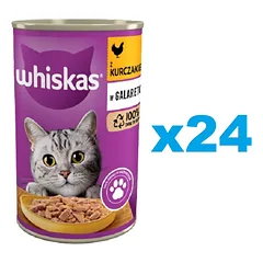 WHISKAS Adult 24x400 g - visavertis drėgnas ėdalas suaugusioms katėms, vištienos gabalėliai drebučiuose