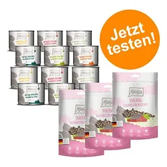 MjAMjAM Kombi-Paket: 12 x 200 g Nassfutter + 3 x 125 g Snackbag kulinarischer Wildlachs