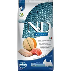 FARMINA N&D Ocean Dog Adult Mini su lašiša, menke ir kantalupos melionu 7 kg, ėdalas suaugusiems mažų veislių šunims + FARMINA N&D Tropical Selection Dental Treat Pork Mini 60 g (7 vnt.) DOVANŲ!