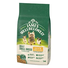 JAMES WELLBELOVED Adult 1,5 kg visavertis sausas ėdalas suaugusiems mažų veislių atstovams nuo 6 mėnesių iki 10 metų su kalakutiena ir ryžiais nuotrauka