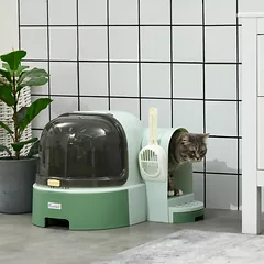 Katės tualetas, 2 ištraukiami dugno padėklai, 1 kastuvėlis, kraiko surinkimo dėklas, nuimamas gaubtas, žaliai juodas — 2 nuotrauka
