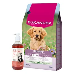 EUKANUBA Puppy&Junior Lamb&Rice Large Breeds 12kg + LAB V Lašišų aliejus šunims ir katėms 500ml