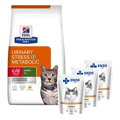 HILL'S PD Prescription Diet c/d Urinary Stress+ Metabolic Feline 1,5kg + ENZO VET šlapalas su vištiena padaže katėms 3x100g