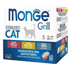 Monge Grill Adult Sterilised Multipack Cockerel, Veal, Trout begrūdžių konservų rinkinys katėms drebučiuose