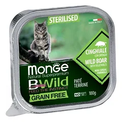 MONGE BWILD CAT GRAIN FREE ADULT STERILIZUOTOMS KATĖMS KEPTAS PAŠTETAS, ŠERNIENA SU DARŽOVĖMIS. 100 GR.