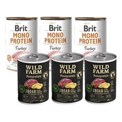 BRIT MONO PROTEIN TURKIJA 3x400g + Wild Farm Monoprotein Wild Boar 3x400g hipoalerginis šunų ėdalas
