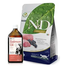 Farmina N&D Prime feline LAMB & BLUEBERRY ADULT 5kg + Lab-V 100% lašišų aliejus įvairaus amžiaus šunims ir katėms 500ml šalto spaudimo