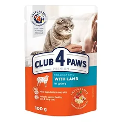 CLUB 4 PAWS Premium visavertis konservuotas maistas suaugusioms katėms su ėriena padaže 80g.x24vnt.