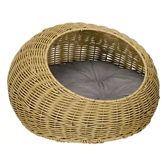 Katės guolis iš dirbtinio rotango su skalbiama pagalvėle, iki 4 kg, Ø50 x 31 cm, šviesiai rudas