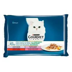 GOURMET Perle Mini filės su daržovėmis padaže(veršiena, jautiena, žvėriena, upėtakis) 4x85g šlapias kačių maistas