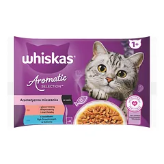 WHISKAS Adult Aromatic Mix maišeliai 4x85 g pilnavertis šlapias maistas suaugusiems katėms, padaže su gabaliukais: glazūruota kiauliena ir morkos, su jūros žuvies gabaliukais sultinyje