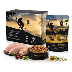AMBROSIA Cat Kitten & Adult Sterilized Turkey & Chicken 85g*12vnt. konservai katėms su kalakutiena ir vištiena