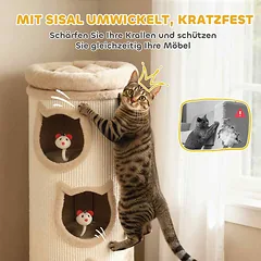 Katės draskyklė su trimis urvais, 96 cm, kreminė balta/smėlio spalvos — 5 nuotrauka